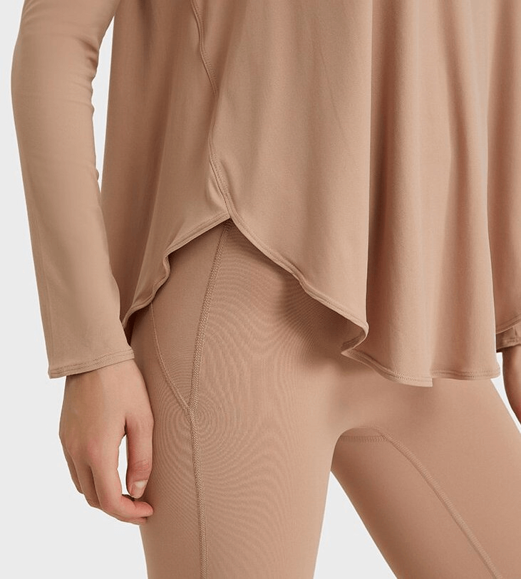 Stylish Loose Women's Top with Long Sleeves, V-neckline, nylon-spandex blend, beige color, perfect for yoga and fitness wear