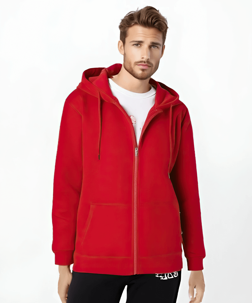 Men's red fleece-lined zip-up hoodie with hood and full zipper; trendy casual wear for warmth and style. Model showcasing SF2538.