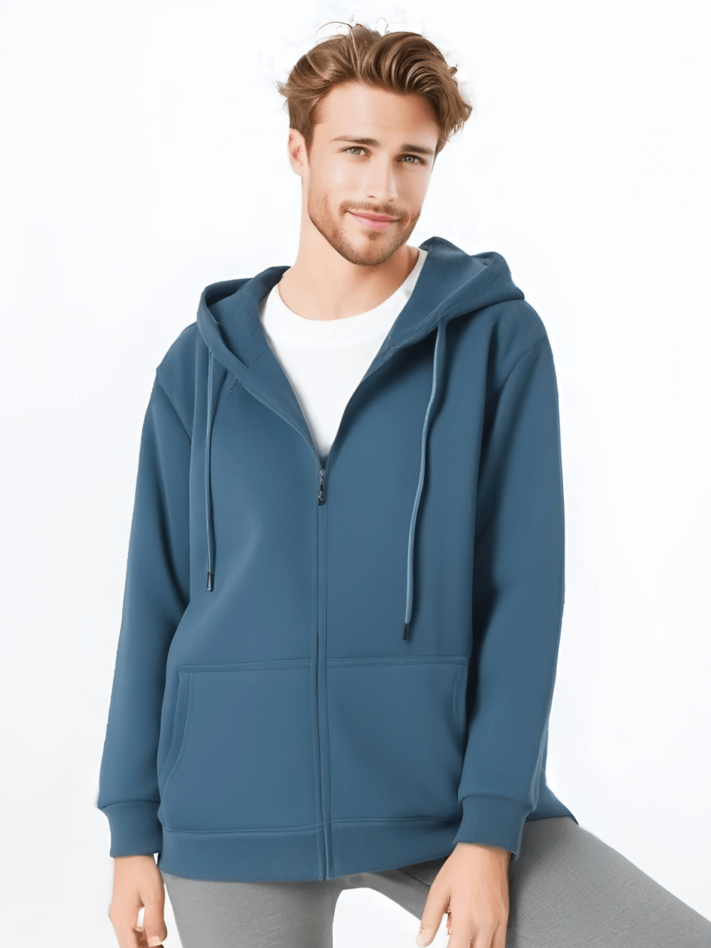 Male model wearing stylish blue casual fleece zip-up hoodie with hood, SF2538, perfect for layering in cooler weather.