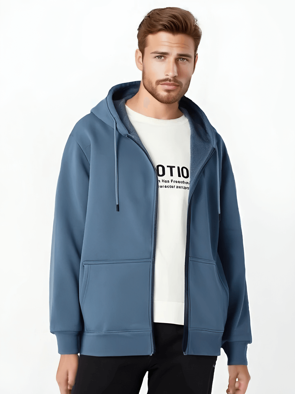 Stylish male casual zip-up fleece-lined hoodie in blue, ideal for men's trendy everyday wear, featuring full zipper and hood.