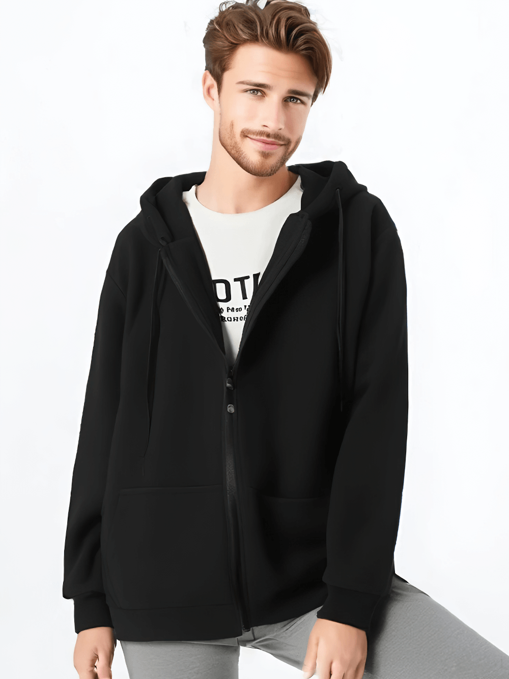 Man wearing a stylish black fleece-lined zip-up hoodie, perfect for casual wear and cooler days. Model showcasing trendy men's fashion SF2538.