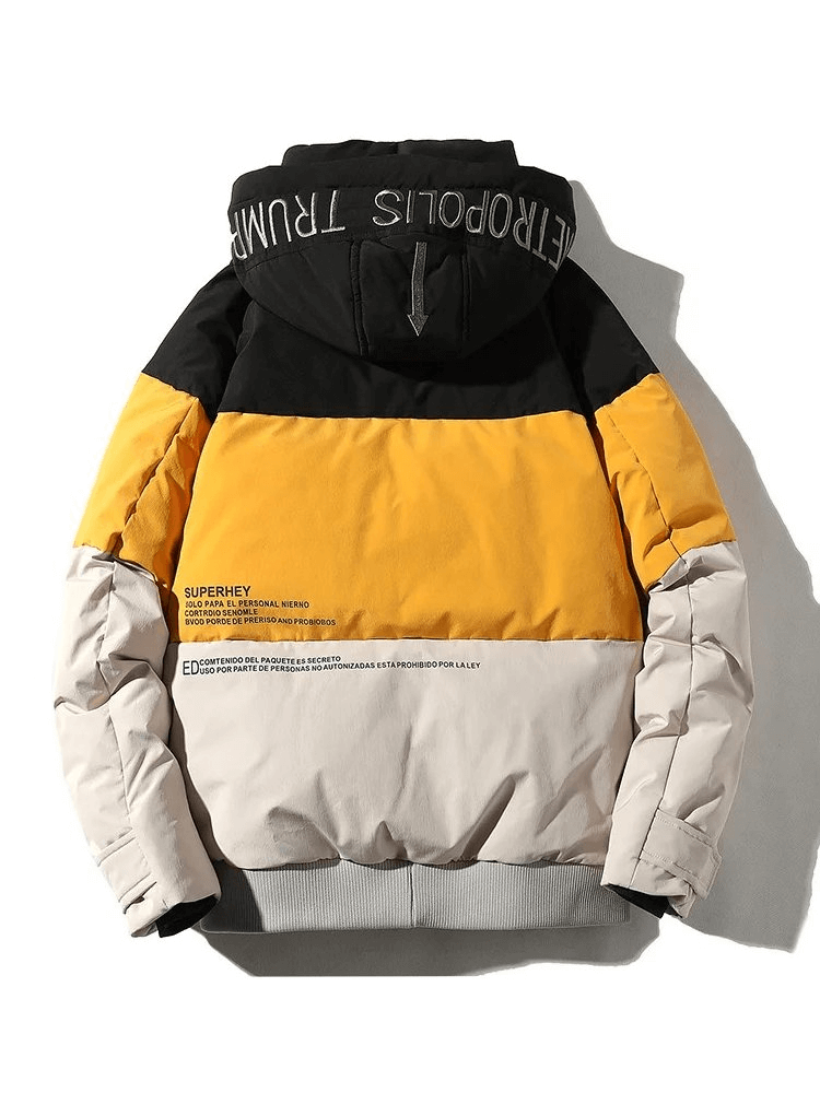 Stylish men's hooded down jacket with stand collar, bold color blocks, polyester build, and 90% duck-down insulation, model SF1901.