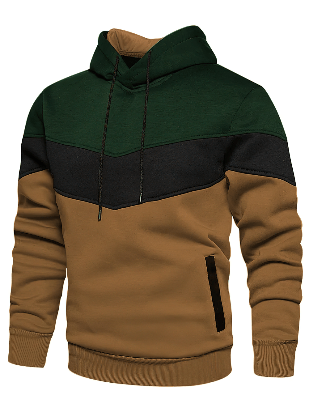 Stylish Men's Hoodie with Colorblock Design - SF4622 in green, black, and brown color sections, featuring adjustable hood.