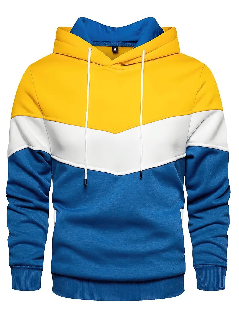 Stylish Men's Hoodie with Colorblock Design - SF4622 in vibrant yellow, white, and blue colors with a bold design.
