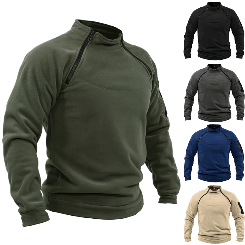 Stylish men's hoodies with stand collar and sleeve pocket in various colors, featuring polyester fleece and regular fit.