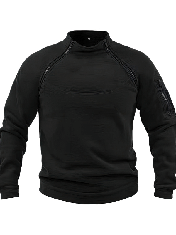 Black stylish men's hoodie with stand collar and sleeve pocket, crafted from polyester fleece for a sporty, regular fit look.