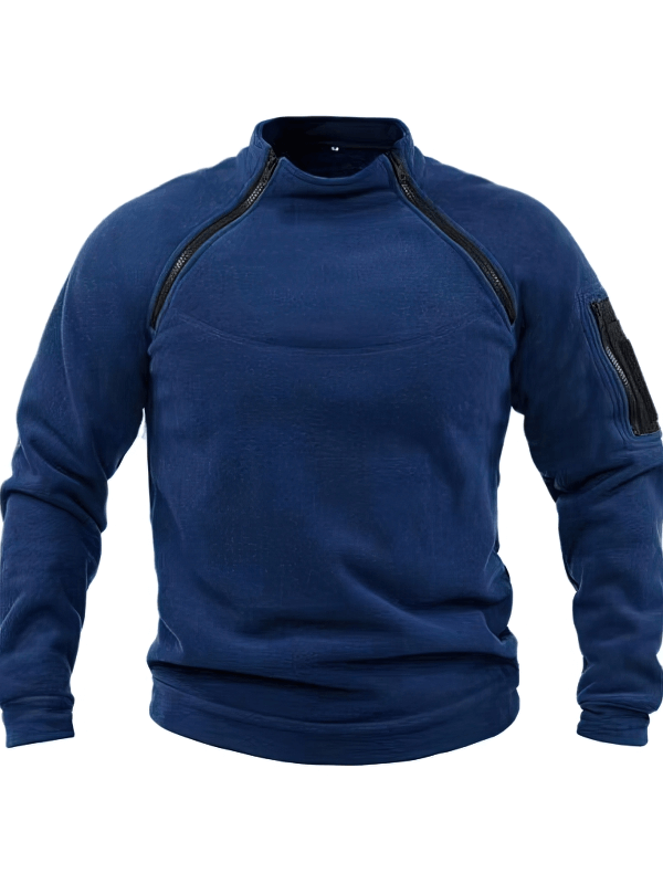 Navy blue men's hoodie with stand collar and sleeve pocket, made of polyester fleece for style and warmth, model SF1355.