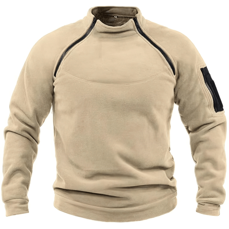 Stylish men's hoodie with stand collar, sleeve pocket, beige color, and polyester fleece material. Perfect for casual and sporty wear.