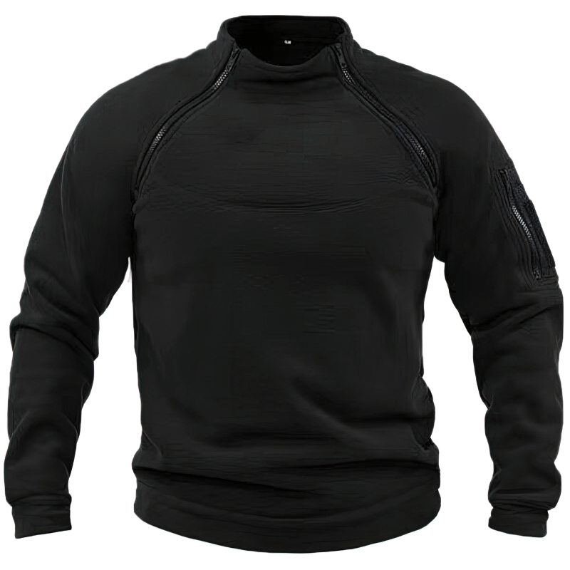 Stylish men's hoodie in black with stand collar and sleeve pocket, perfect casual wear for men, polyester fleece, chic and sporty.