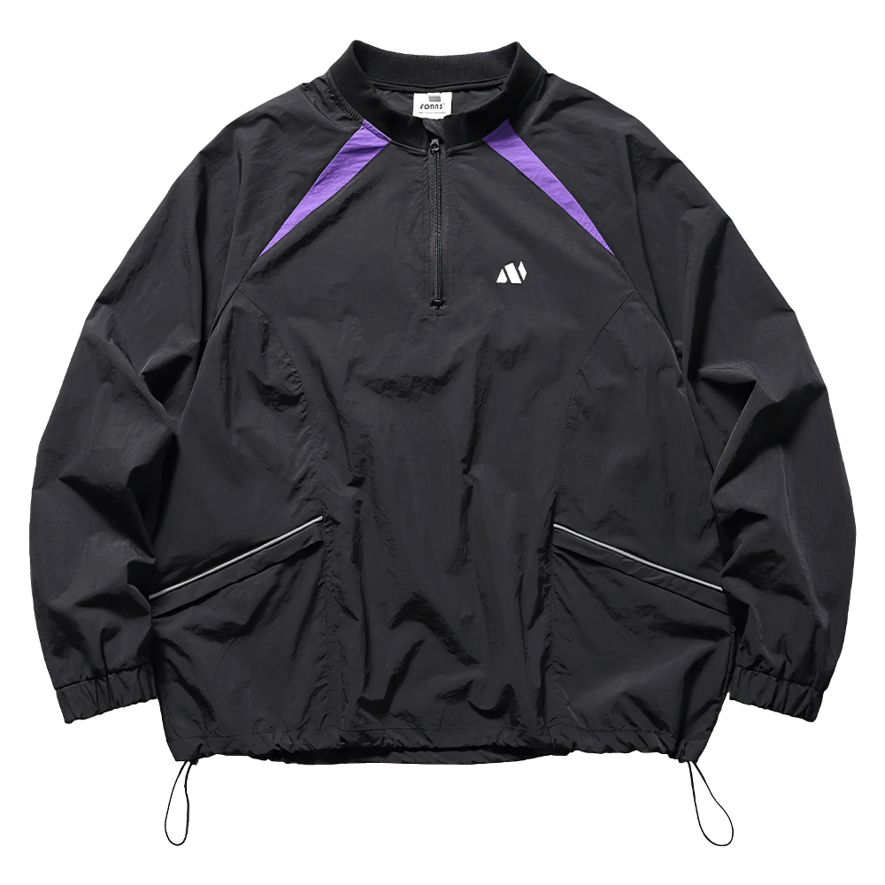 Stylish men's lightweight black sports jacket with purple accents, half-zip design, and crew neck, perfect for casual or sports wear.