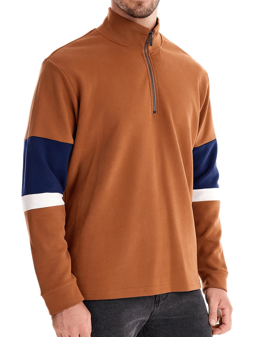 Stylish men's mock neck quarter zip pullover with patchwork design, featuring a zipper closure and regular sleeves.