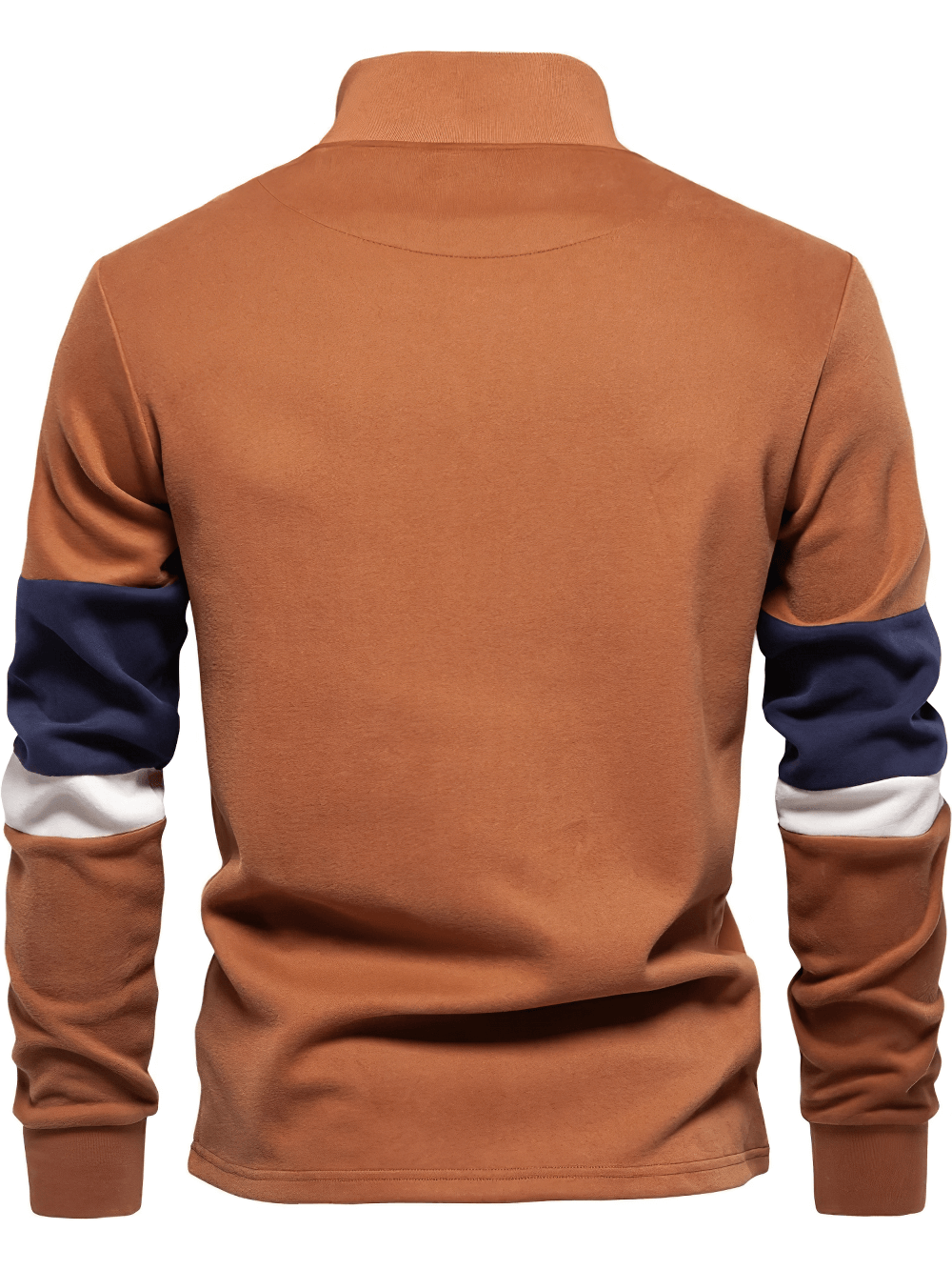 Back view of stylish men's mock neck quarter zip pullover, brown with patchwork sleeve design. Ideal for casual wear and layering.