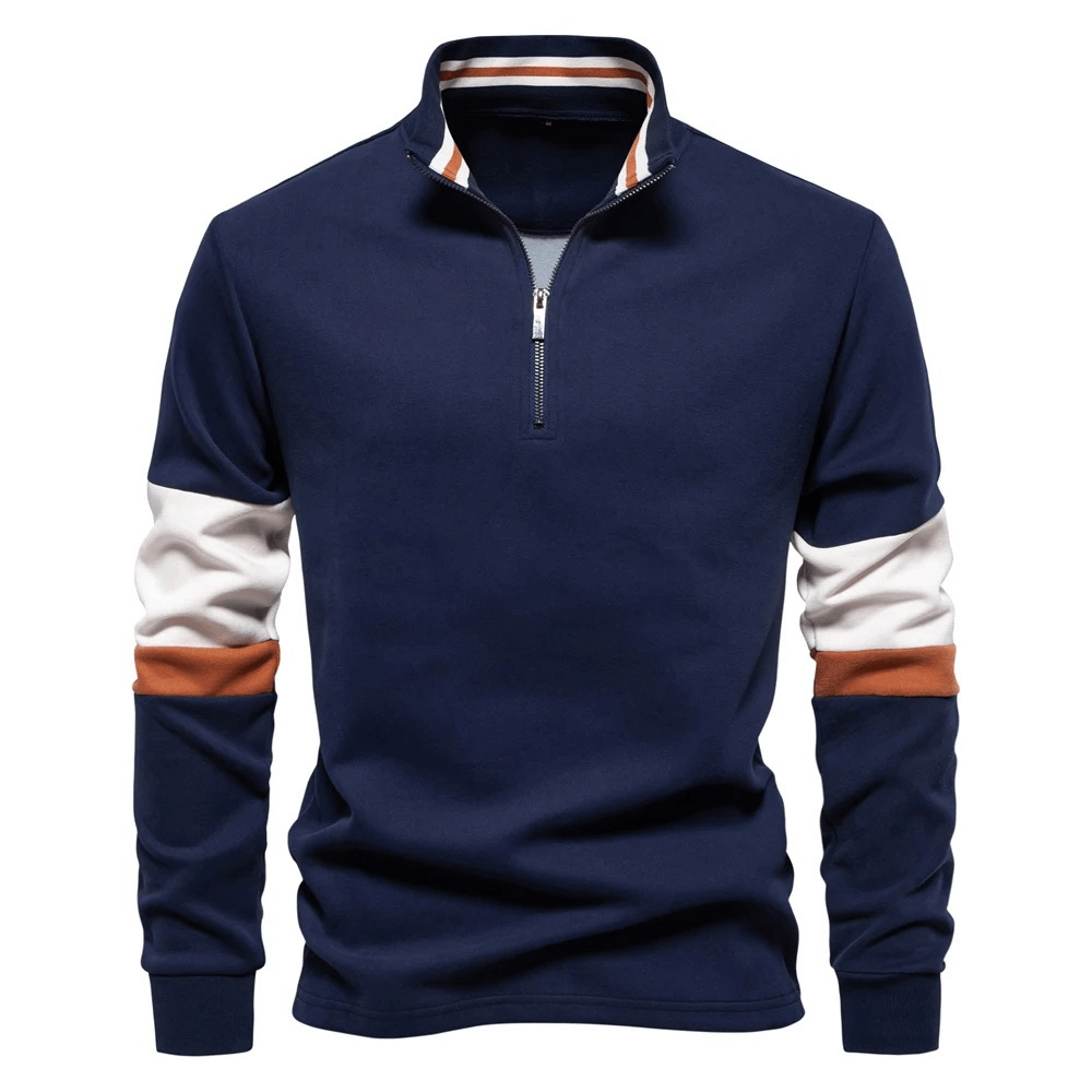 Men's stylish patchwork quarter zip pullover sweatshirt with mock neck in dark blue, featuring cotton-polyester blend and turn-down collar.