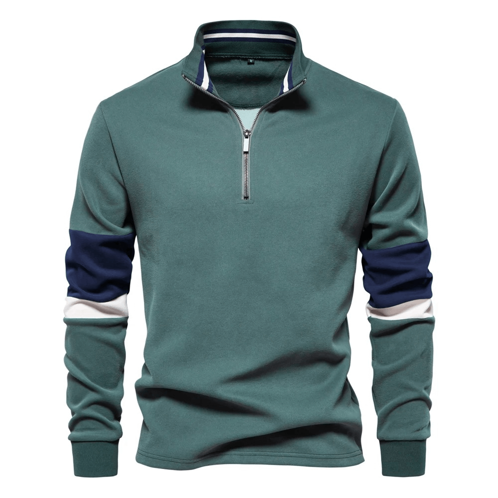 Stylish men's mock neck quarter zip pullover in green with patchwork sleeves, perfect for elevating casual style - SF2535.