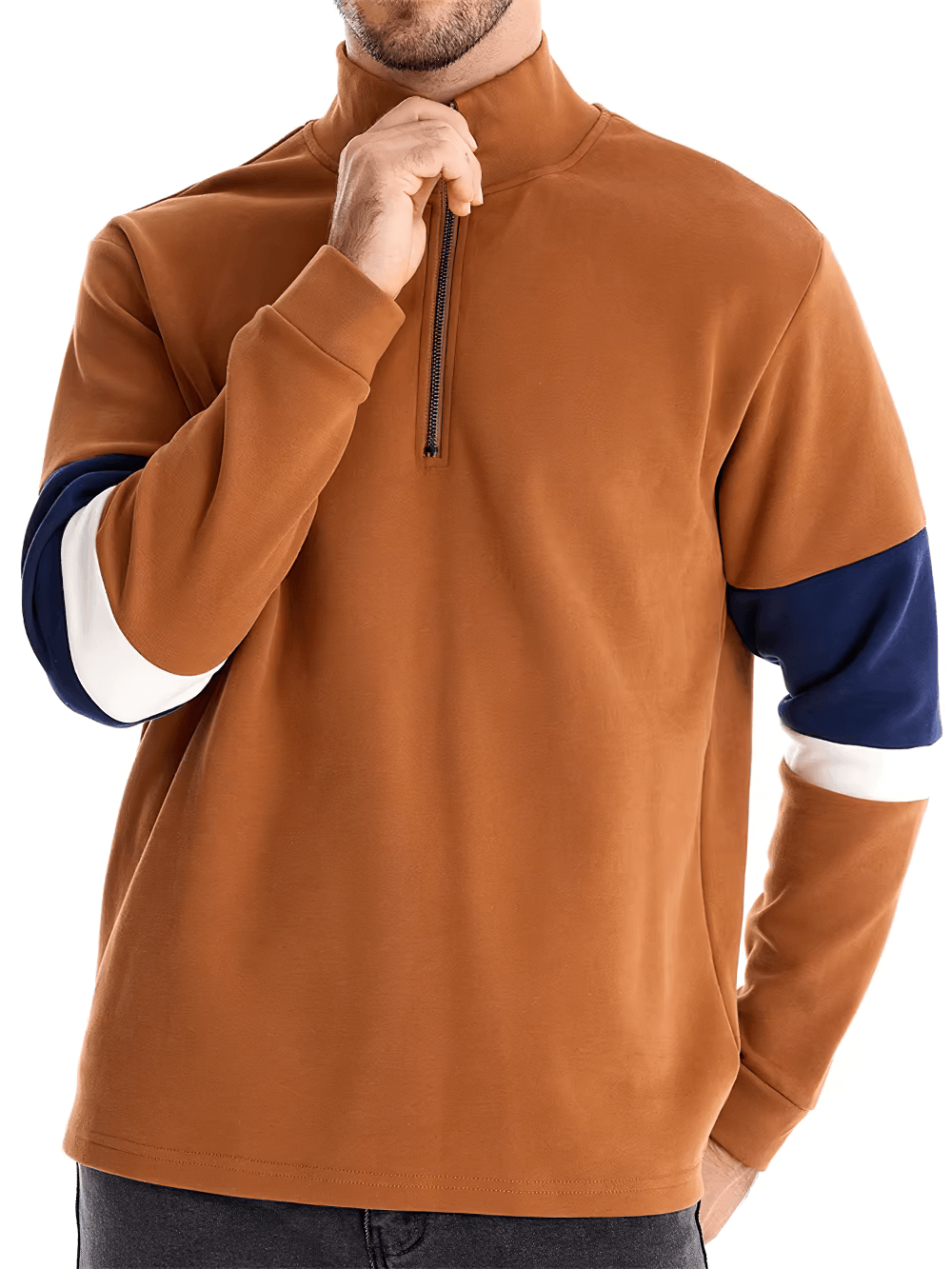 Stylish men's patchwork neck quarter zip pullover in brown, featuring long sleeves and zipper closure for casual layering.