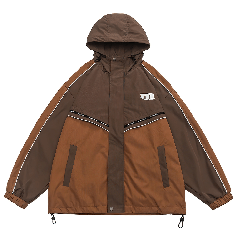 Stylish Men's Outdoor Reflective Hooded Jacket SF2273 in Brown with Patchwork Design and Reflective Accents for Sportswear