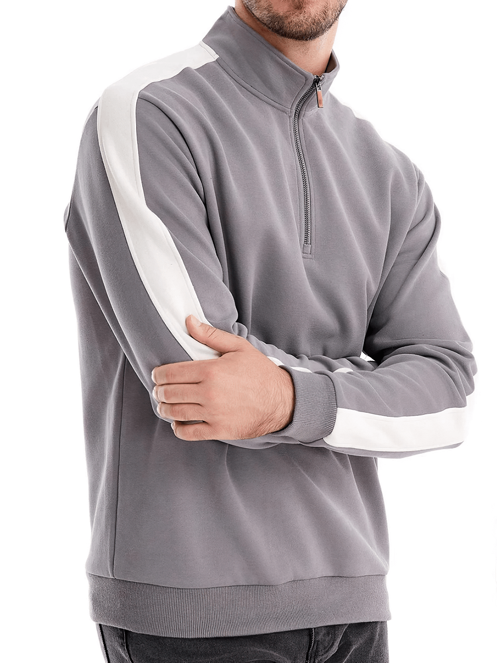 Stylish Men's Quarter-Zip Sport Pullover in gray with white stripe, featuring stand collar and full sleeves, perfect for casual style.