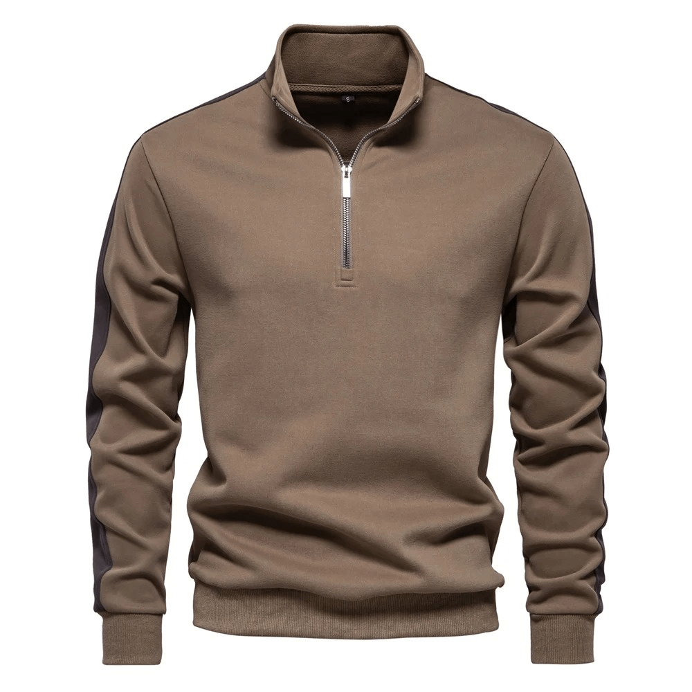 Stylish Men's Quarter-Zip Sport Pullover SF2528 in brown, featuring a stand collar and full sleeves, perfect for casual elegance.