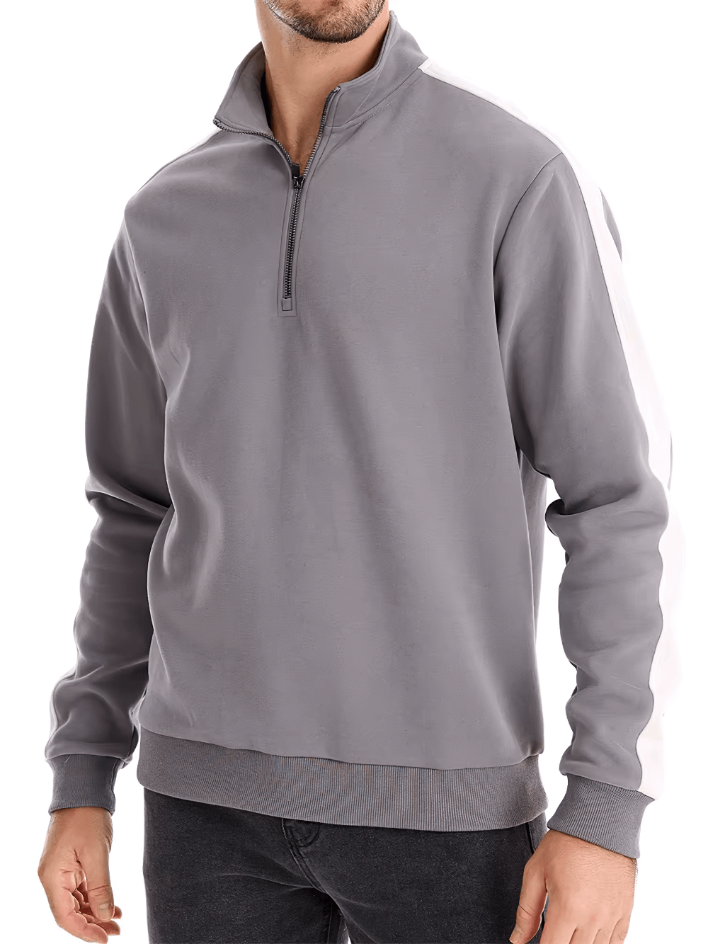 Men's stylish grey quarter-zip sport pullover with stand collar and full sleeves, perfect for casual and sporty looks.