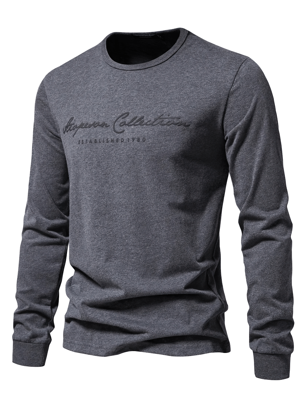 Stylish men's sports cotton long sleeve top with letter print, in solid dark gray, perfect for a modern casual look.