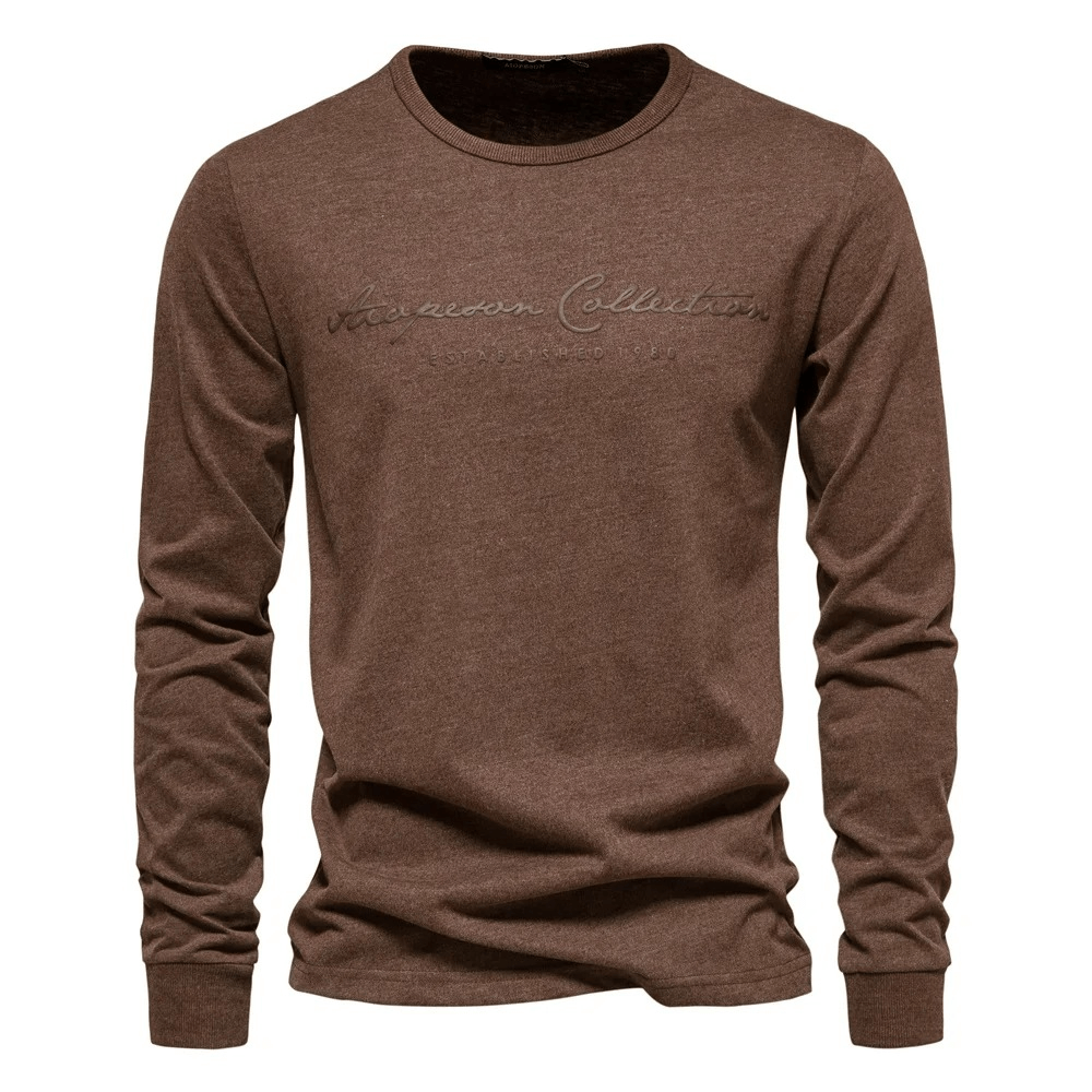 Stylish men's cotton long sleeve top SF2529 with letter print, o-neck collar, and solid brown design for a modern casual look.