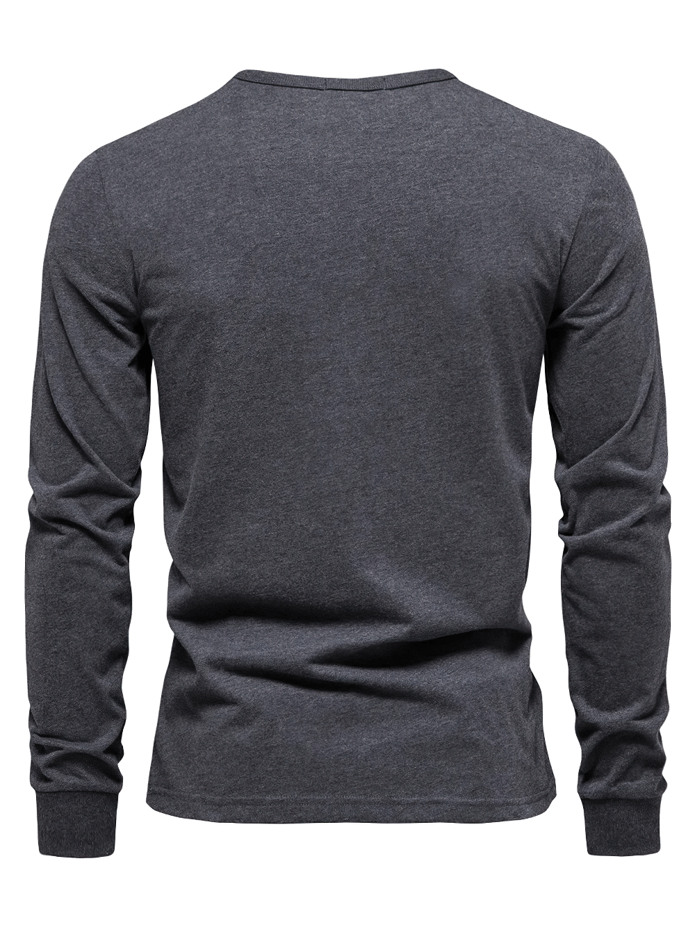 Back view of stylish men's long sleeve cotton top with solid design and letter print, perfect for casual or layered wear.