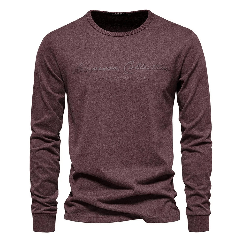 Stylish men's cotton long sleeve top with letter print, o-neck collar, and solid design in brown - perfect for casual wear, Model SF2529.