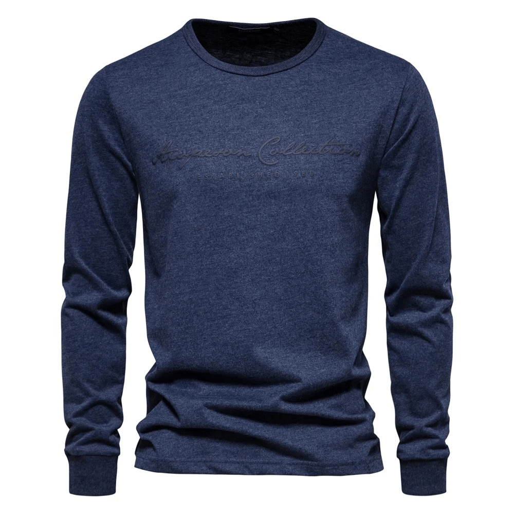 Stylish men's cotton long sleeve top with letter print, solid navy blue design, moisture-wicking for casual or layered looks - SF2529.