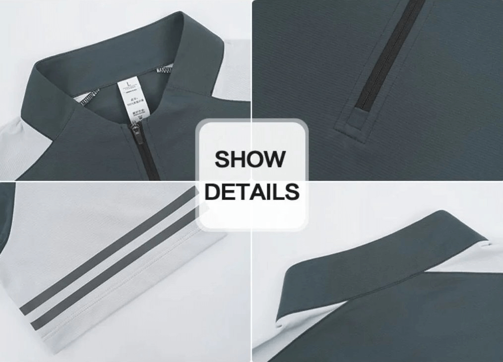 Close-up details of a stylish men's sports polo T-shirt with a zipper, showcasing modern knit design and high-performance polyester fabric.