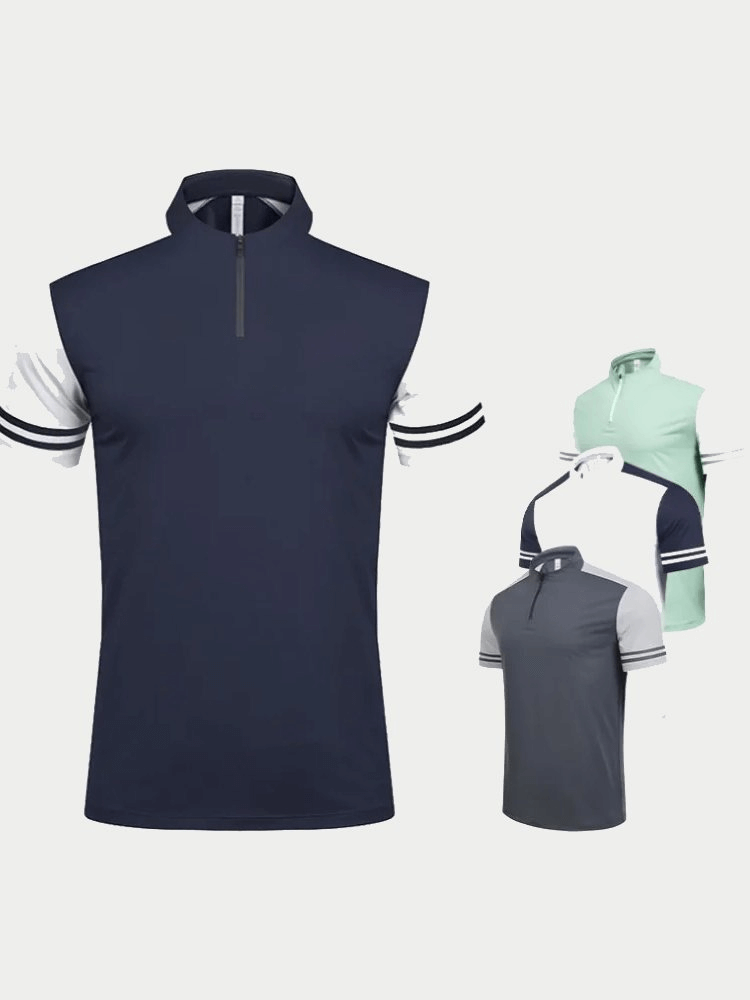 Stylish men's sports polo T-shirt with zipper in navy, mint, and gray colors - SF2162 perfect for athletic and casual wear.