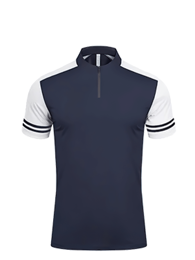 Stylish men's sports polo T-shirt with zipper, high-performance polyester knit, navy blue with white sleeves, athletic fit.