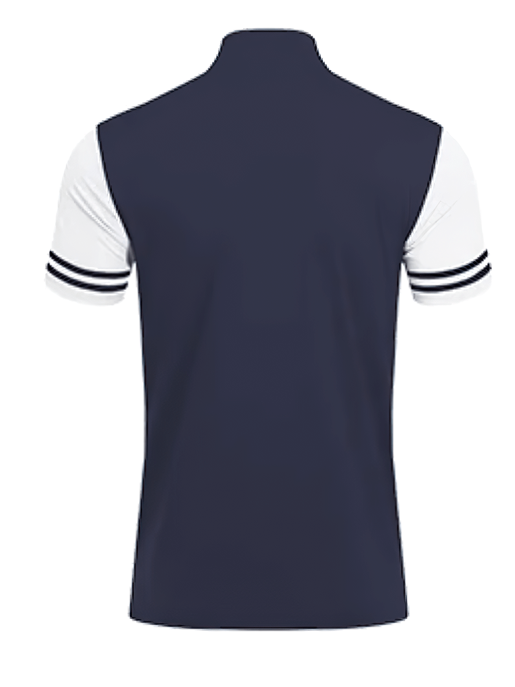 Back view of Stylish Men's Sports Polo T-Shirt in navy, featuring white sleeves and stripes, perfect for athletics and casual wear.