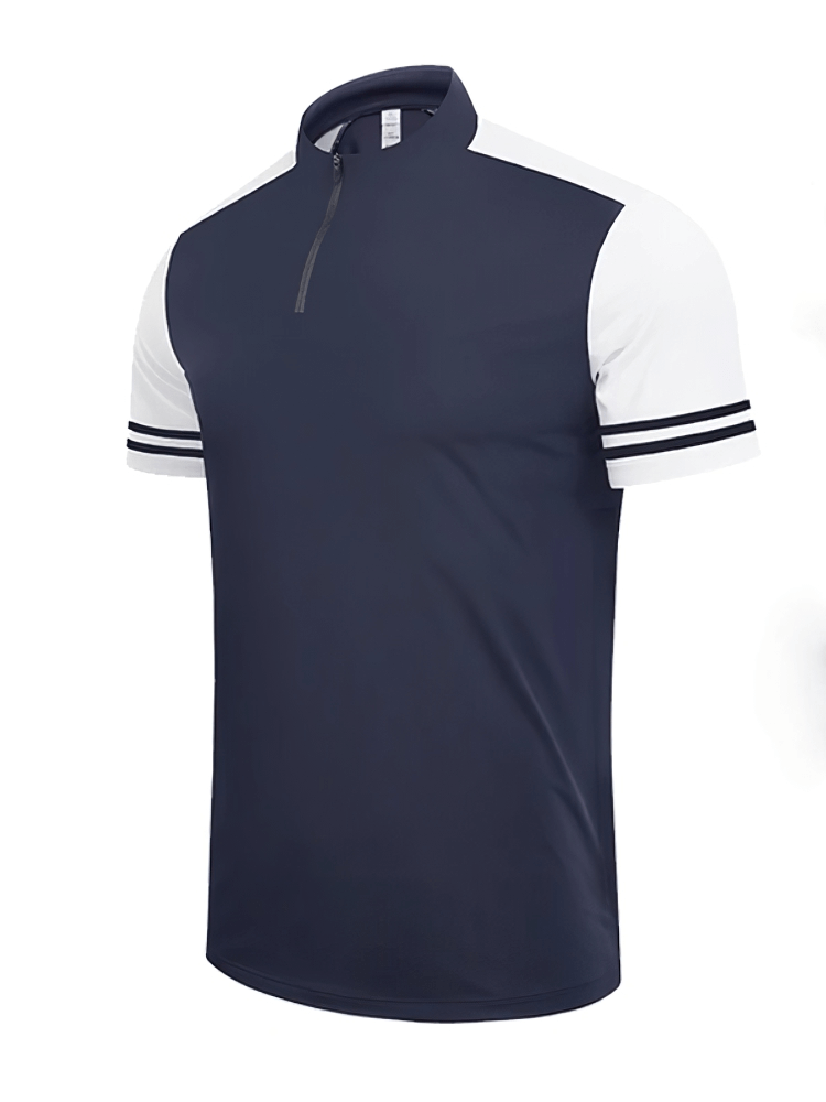 Stylish men's sports polo T-shirt with zipper, athletic fit, polyester knit for breathability, perfect for sports and casual outings.