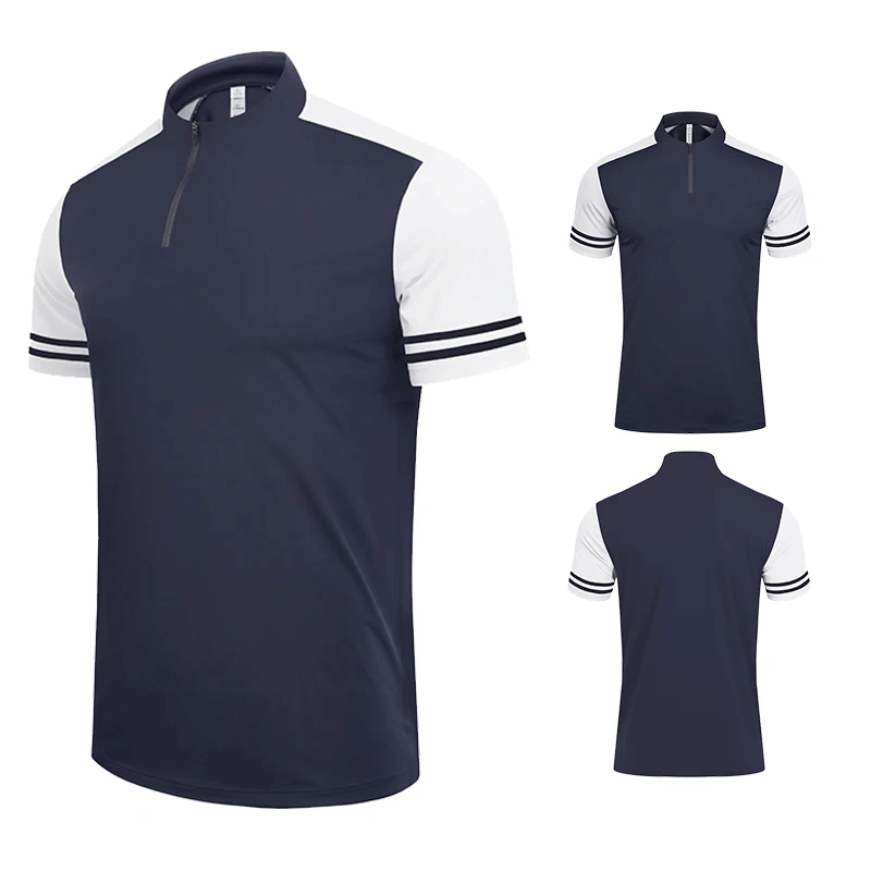 Stylish Men's Sports Polo T-Shirt with Zipper in navy and white, athletic fit, durable polyester knit, perfect for active wear.