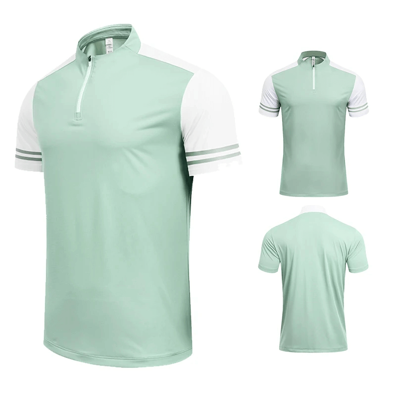Stylish men's sports polo T-shirt with zipper, mint green with white sleeves, athletic fit, ideal for sports and casual outfits - SF2162