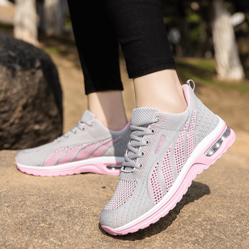 Stylish mesh flexible lace-up women's sneakers in pink and grey, perfect for comfort and style with cushioning support, SF1414.