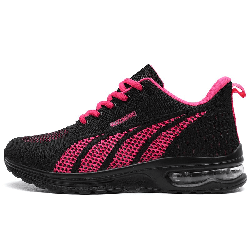 Stylish mesh flexible lace-up women's sneakers in black and pink, featuring cushioning leather insole, perfect for active fashion.