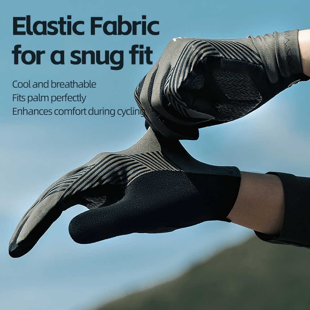 Comfortable full finger cycling gloves with elastic fabric, offering a snug fit. Ideal for outdoor biking adventures.