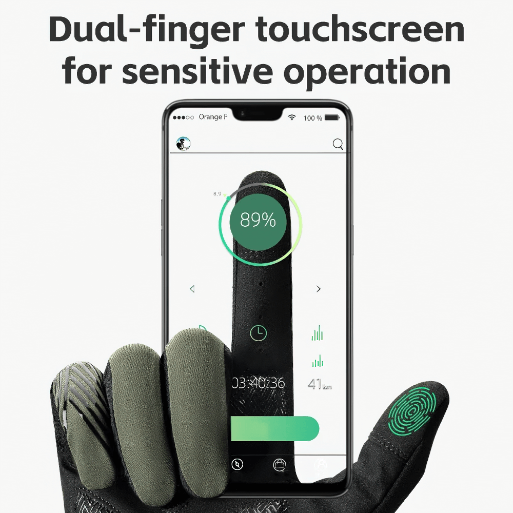 Stylish Non-Slip Cycling Gloves SF2617 with touchscreen capability demonstrated on smartphone.