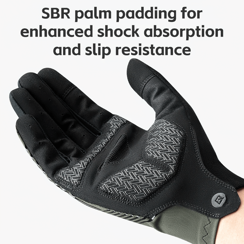 Black cycling glove featuring SBR palm padding for shock absorption and slip resistance, perfect for biking enthusiasts.