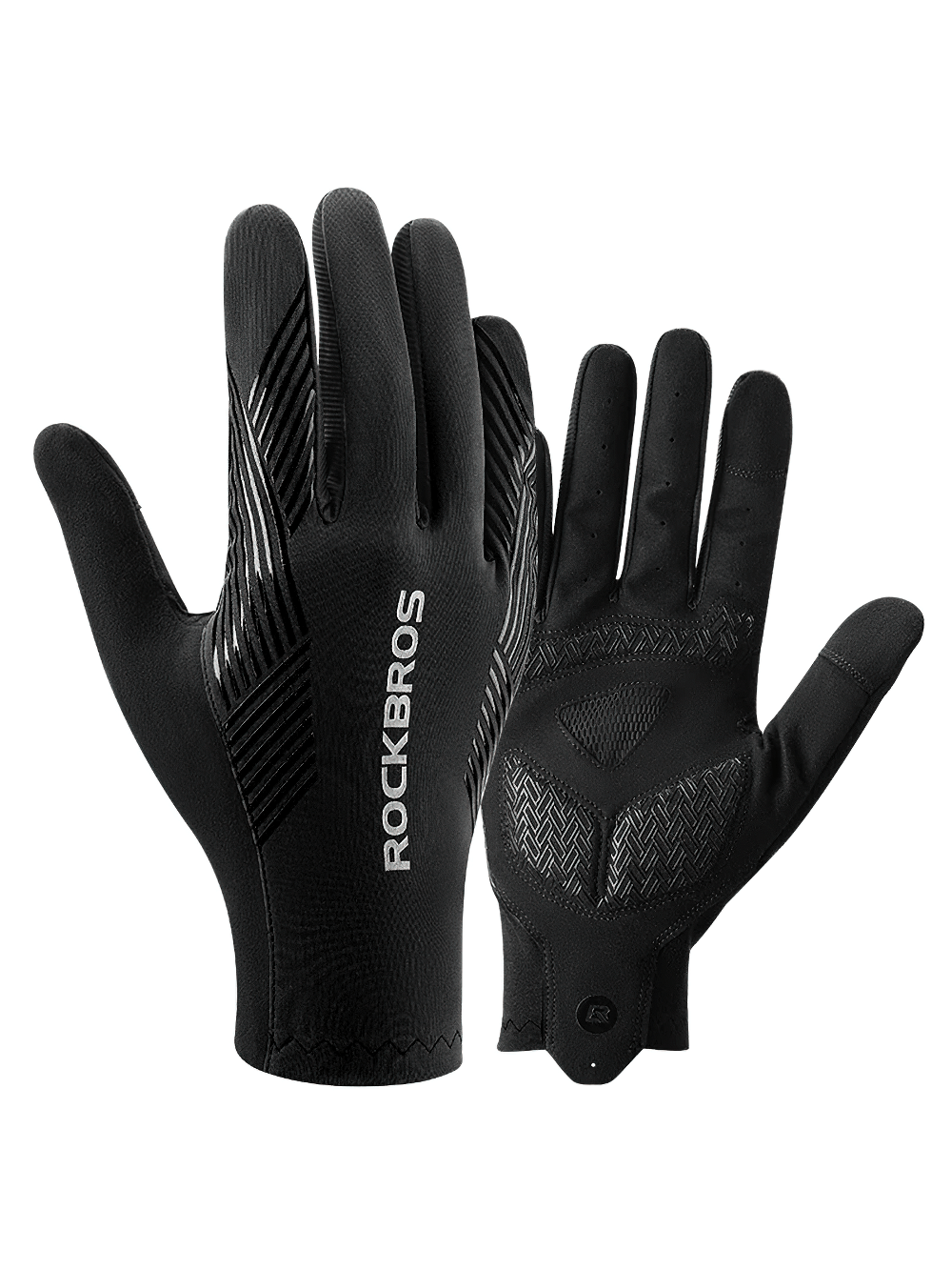 Black non-slip full finger cycling gloves with touchscreen fabric for MTB and road biking, designed for performance and comfort.