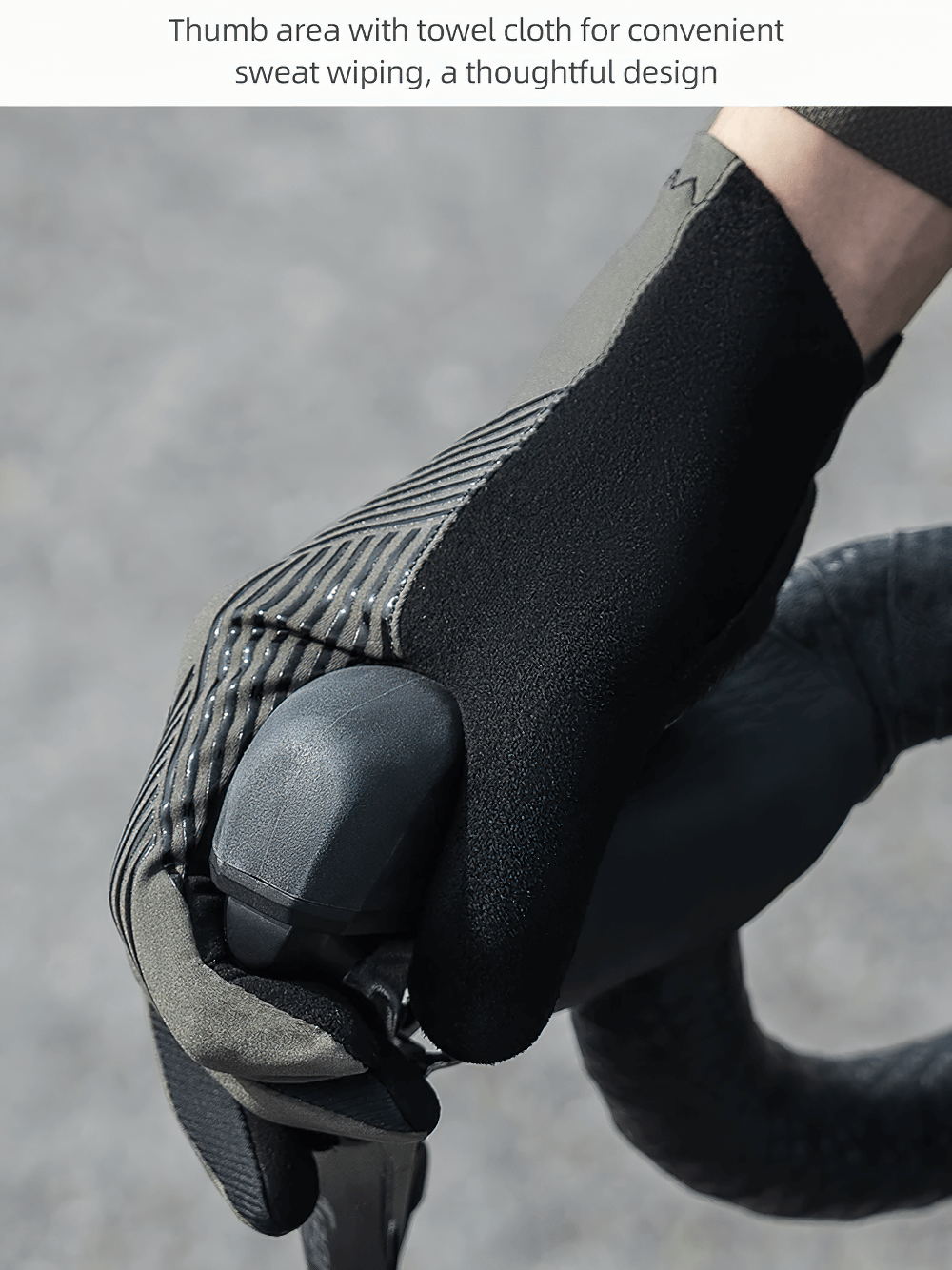 Cyclist wearing stylish non-slip full finger cycling gloves with touchscreen feature, gripping bike handlebar with comfort and precision.