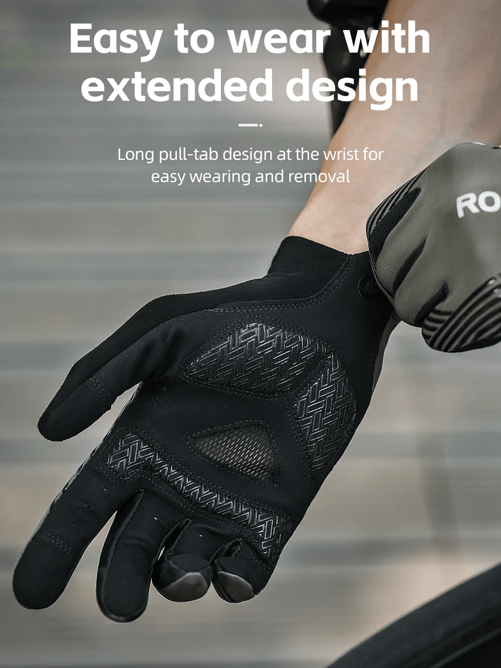 Stylish non-slip full finger cycling gloves with extended wrist design for easy wear and removal, featuring touchscreen capability.