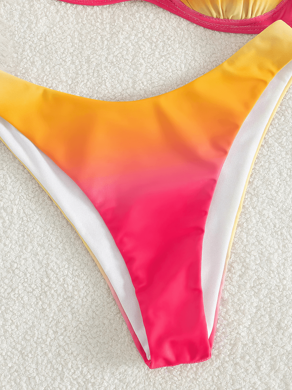 Stylish Ombre Scallop Cup Bikini Set for Women - SF4731 high-cut bottom showcasing bright pink, orange, and yellow gradient design.