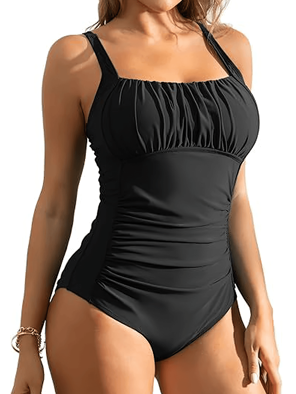 Stylish One Piece Swimsuit for Women - SF4721 in black with ruched front and adjustable straps.