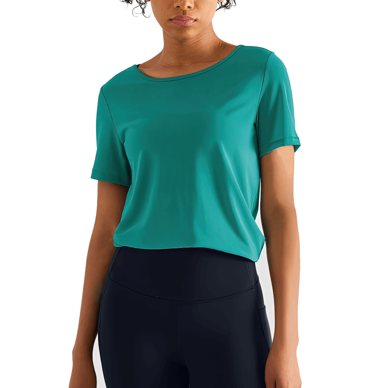 Stylish quick-drying women's sports t-shirt in green, featuring open back and short sleeves, made from breathable nylon for workouts.
