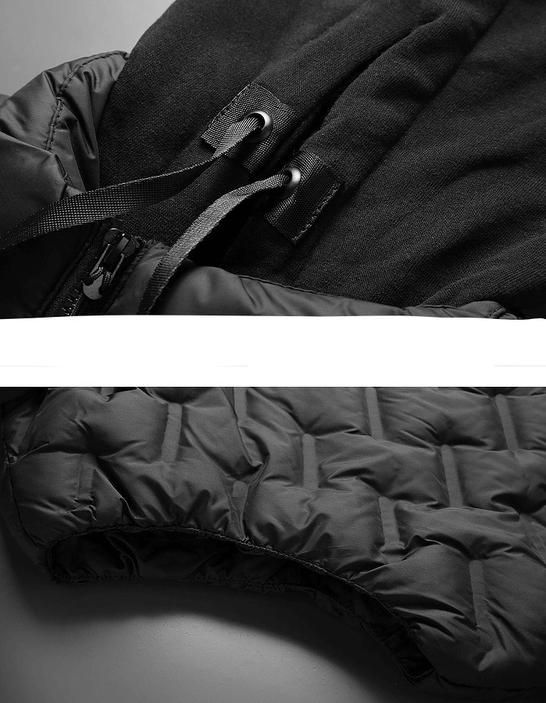 Close-up of a black quilted sports insulated vest with hood and zippers, showcasing detailed stitching and drawstrings.
