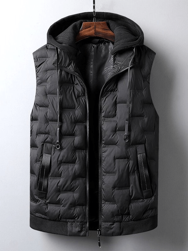 Stylish quilted sports insulated black men's vest with hood SF1532, perfect for outdoor activities in cold weather.