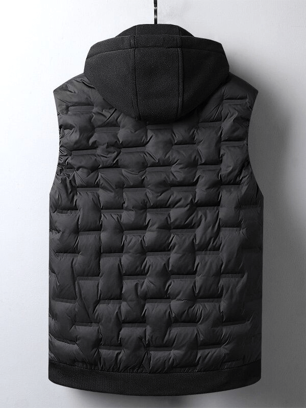 Back view of black quilted sports insulated men's vest with hood, ideal for stylish warmth in outdoor activities, model SF1532.