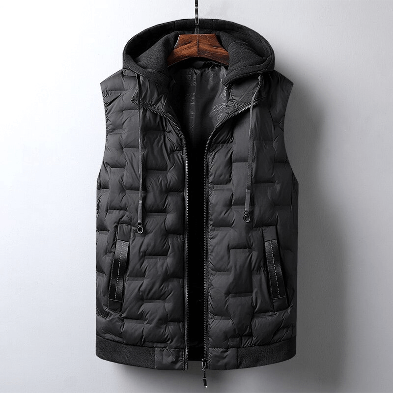 Stylish quilted insulated men's vest with hood, sports design, black color, perfect for outdoor activities.